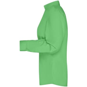 A side view of a ladies' button-up shirt in bright green, featuring a collar and long sleeves.