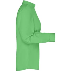 A green ladies' button-up business shirt with long sleeves, featuring a collar and a logo.