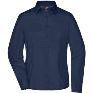 A navy ladies' button-up business shirt with long sleeves and a collar. Features a logo on the chest.
