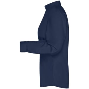 A navy blue ladies business shirt with long sleeves and a button-up design. The shirt features a collar and has a logo.