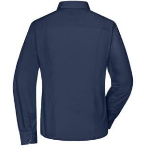 A navy ladies' business shirt with long sleeves and a button-up front, featuring a collar and a plain back.