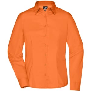 An orange button-up business shirt for ladies with a collared neckline and long sleeves. It features a logo.