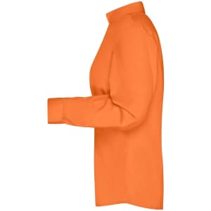 An orange ladies business shirt with a button-up design and a high collar. It has long sleeves and features a logo.