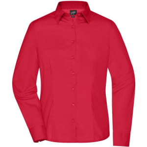 A red ladies' button-up business shirt with long sleeves and a collared neckline, featuring a logo.