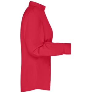 A red ladies button-up business shirt displayed from the side, featuring long sleeves and a collared neckline.