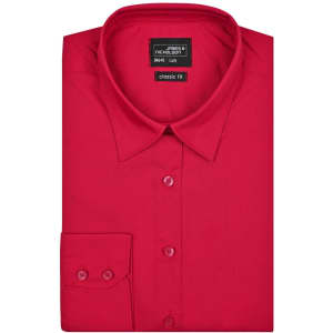 A red ladies' button-up business shirt with a classic fit and a single chest pocket. It features a collar and button cuffs.