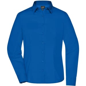 A blue ladies business shirt with long sleeves and a button-up front, featuring a collar and a logo.