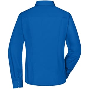 A blue ladies' business shirt with long sleeves and a classic button-up style, featuring a back view.