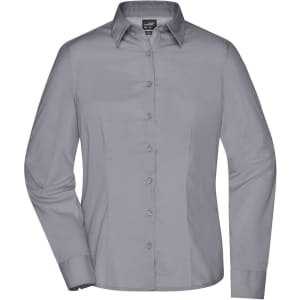 A grey button-up shirt for women with a collar and long sleeves, featuring a front button closure and tailored fit.