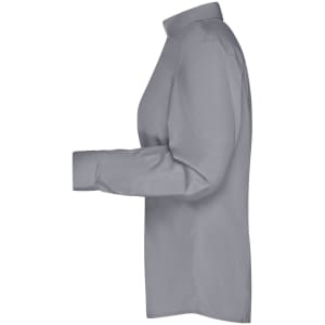 A grey ladies button-up business shirt with long sleeves, featuring a collared neckline and a straight cut.