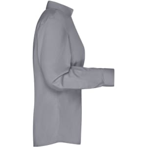 A grey ladies' button-up business shirt with long sleeves and a collar. It features a side profile view.