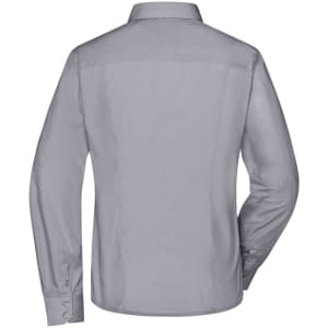 A grey button-up shirt with long sleeves and a collar, featuring a back view and buttons on the cuffs.