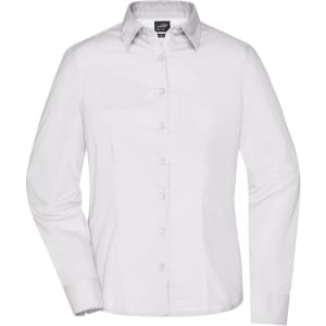 A white ladies' business shirt with long sleeves and a button-up front. The shirt features a collar and has a logo.