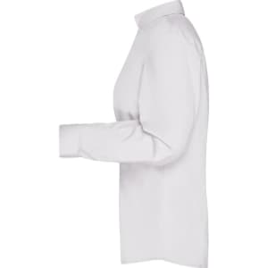A white long-sleeve ladies business shirt with a fitted design and button-up collar, featuring a logo.