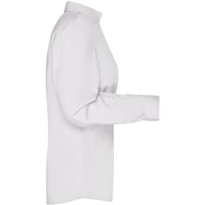 A white button-up ladies' business shirt with long sleeves, featuring a collar and a simple design.