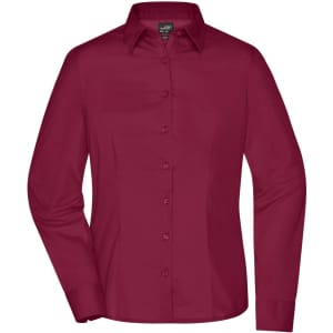 A maroon ladies' button-up business shirt with long sleeves and a collar, featuring a logo.