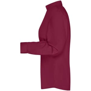 A maroon ladies' button-up business shirt with a collared neckline and long sleeves. Features a logo on the fabric.