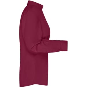 A maroon ladies business shirt with long sleeves and a button-up collar, featuring a logo on the chest.