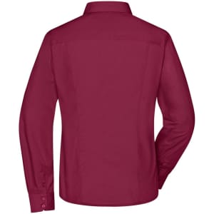 A maroon ladies’ button-up business shirt with long sleeves and a collar, featuring a back view.