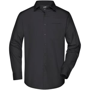 A black long-sleeve button-up business shirt with a chest pocket and a logo.