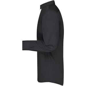 A black long-sleeve button-up business shirt displayed from the side, featuring a collar and a branded logo.