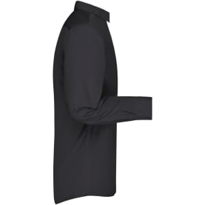 A black long-sleeve business shirt with a button-up collar, featuring a logo on the fabric.