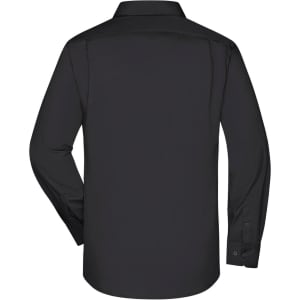 A black long-sleeve button-up business shirt featuring a standard collar and button cuffs, with a logo.