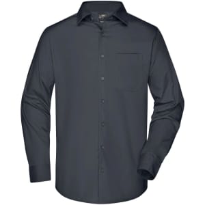 A long-sleeve men's business shirt in dark grey with a button-up front and a chest pocket.
