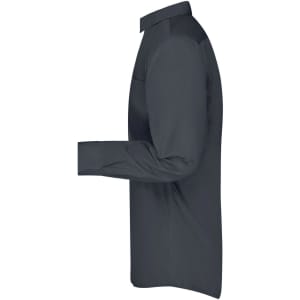 A grey long-sleeved button-up men's business shirt displayed from the side, featuring a collar and a logo.