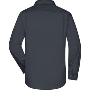 A men's long-sleeve business shirt in dark grey, featuring a button-up design and a back view.