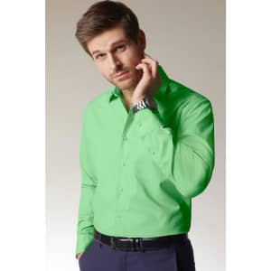A green long-sleeve button-up shirt on a model, featuring a collar and cuffs. The model is wearing a watch.