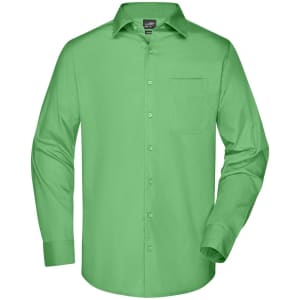 A green men's button-up business shirt with long sleeves and a front pocket. The shirt features a collar and buttons.