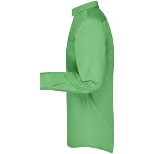 A long-sleeve men's button-up shirt in a vibrant green colour, featuring a collar and a slim fit design.