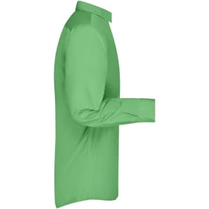 A green long-sleeve business shirt with a button-up collar, featuring a logo on the upper part.