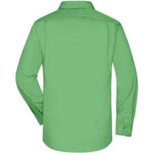 A green long-sleeve button-up business shirt with a standard collar and buttoned cuffs.
