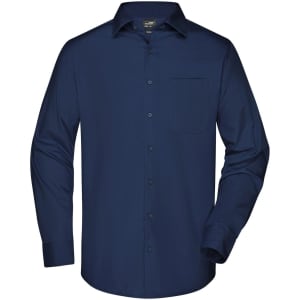A navy blue long-sleeve button-up shirt with a pocket and a logo on the label.
