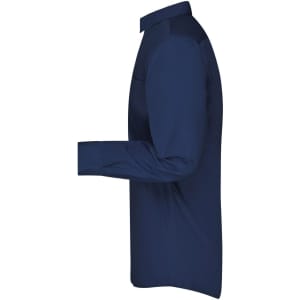 A men's business shirt in navy blue, featuring long sleeves and a button-up design. The shirt has a logo.