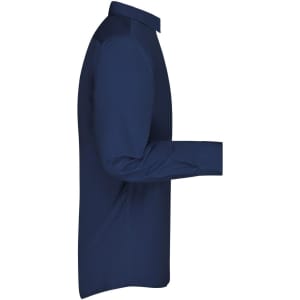 A navy blue long-sleeve button-up shirt with a collar and a straight-cut design. Features a logo on the fabric.