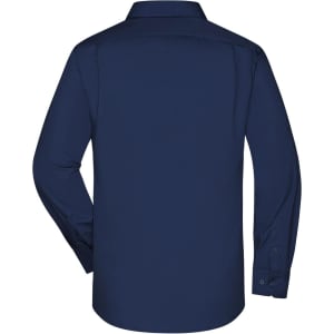 A navy blue men's button-up shirt with long sleeves, featuring a standard collar and a branding logo.