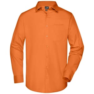 An orange long-sleeve button-up business shirt with a single chest pocket and a collar.