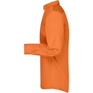 An orange long-sleeve business shirt with a button-up collar, featuring a side view and a simple design.