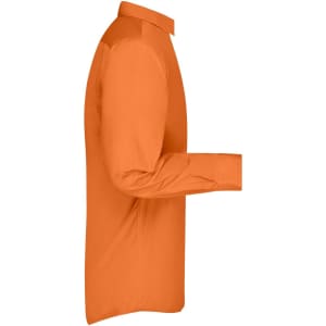 An orange men's long-sleeve button-up business shirt displayed from the side, featuring a collar and cuffed sleeves.
