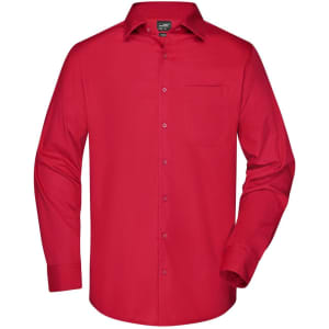 A red long-sleeve button-up shirt with a single chest pocket and a logo.