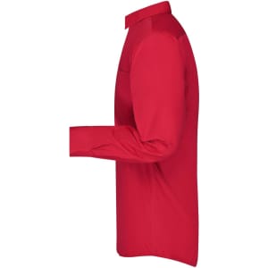 A red long-sleeve button-up business shirt with a collar, featuring a side view and a logo.