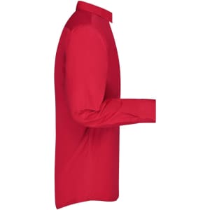 A red long-sleeve men's business shirt displayed from the side, featuring a collar and button detail.