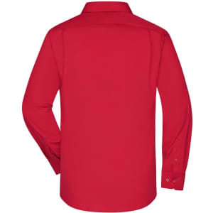 A red long-sleeved business shirt with a button-up collar and a plain back. It features branding on the fabric.