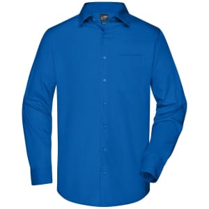 A long-sleeved button-up shirt in bright blue with a single chest pocket and a logo.