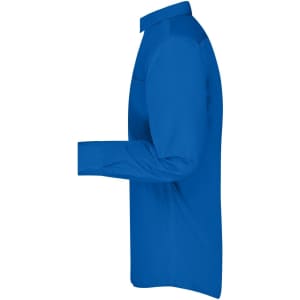 A blue long-sleeved button-up business shirt with a collar, displayed from the side. It features a logo on the chest.