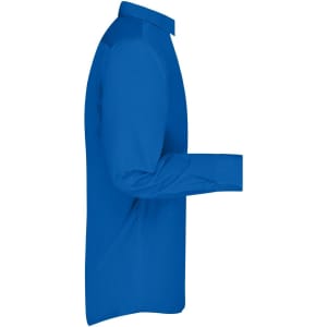 A blue men's button-up business shirt with long sleeves, featuring a collar and a logo.