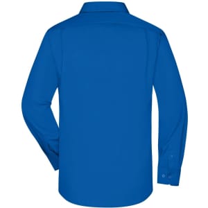 A long-sleeve blue business shirt featuring a button-up design and a back view. It has a logo on the back.